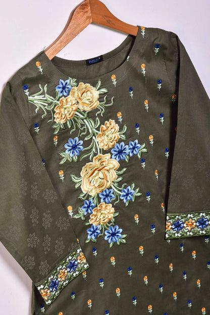 Cambric Printed & Embroidered Kurti - Peculiar (P-21-21-Khaki)