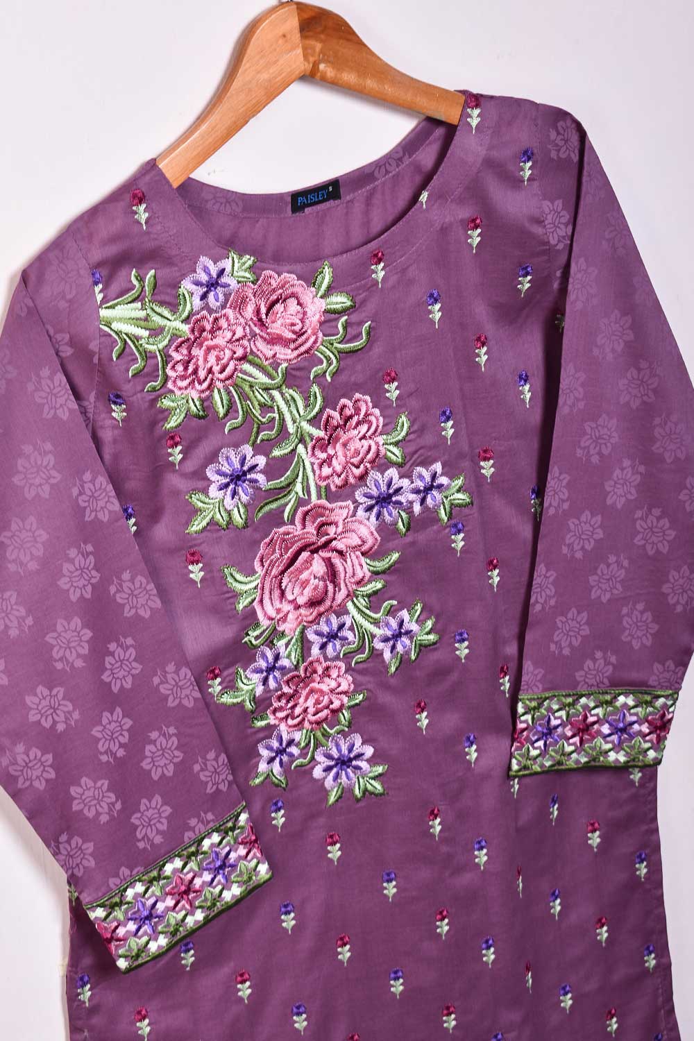 Cambric Printed & Embroidered Kurti - Peculiar (P-21-21-Purple)