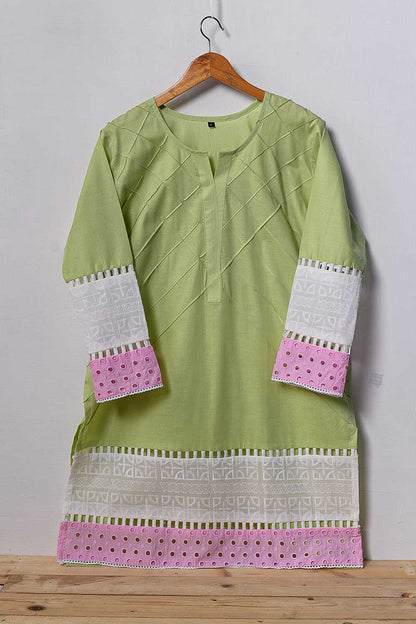 Cambric Pintex Kurti with Chikankari Borders - (P-38-20-LightGreen)