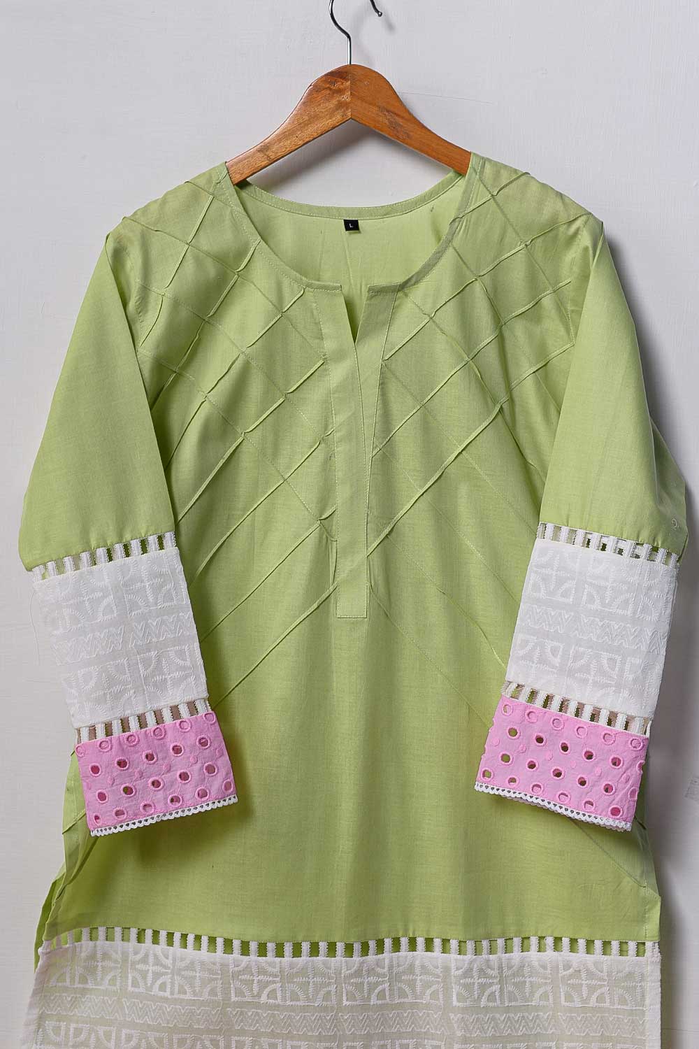 Cambric Pintex Kurti with Chikankari Borders - (P-38-20-LightGreen)