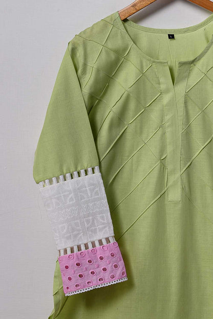 Cambric Pintex Kurti with Chikankari Borders - (P-38-20-LightGreen)