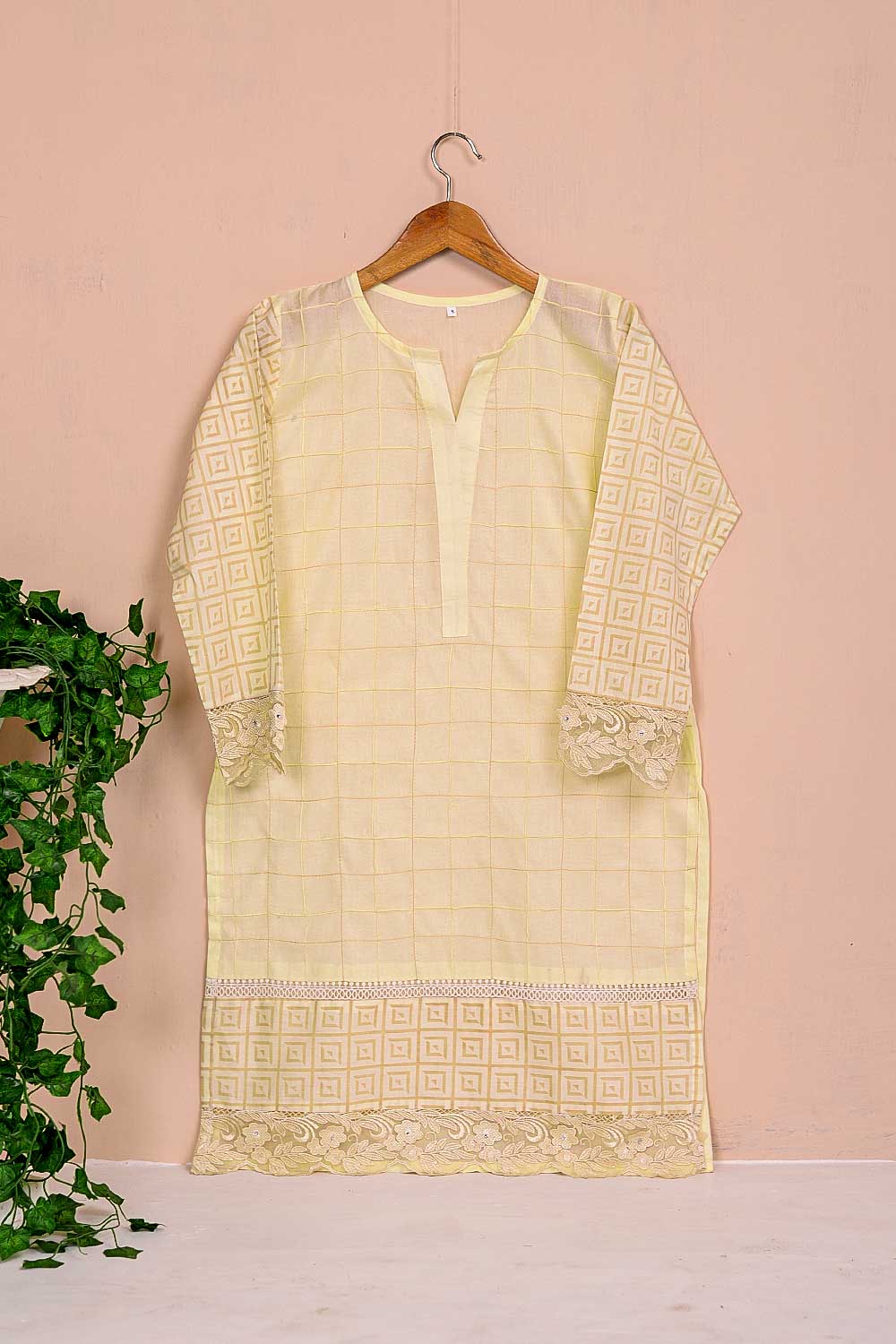 Cambric Pintex Kurti with Chikankari Borders - (P-38-20-Cream)