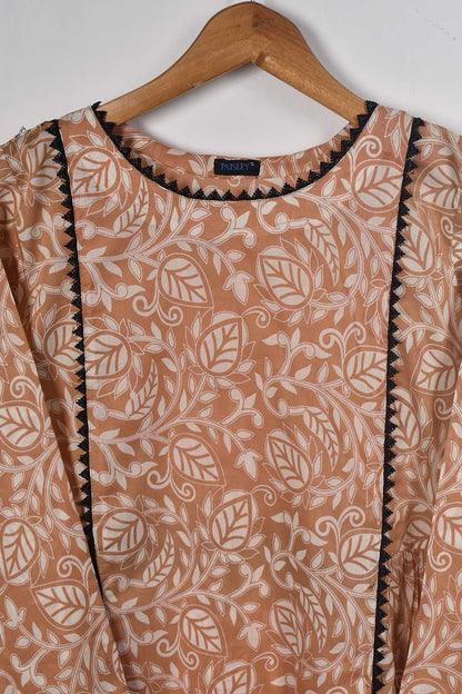 Cambric Printed & Embroidered Kurti - Romania (P-90-20-PeachyBrown)