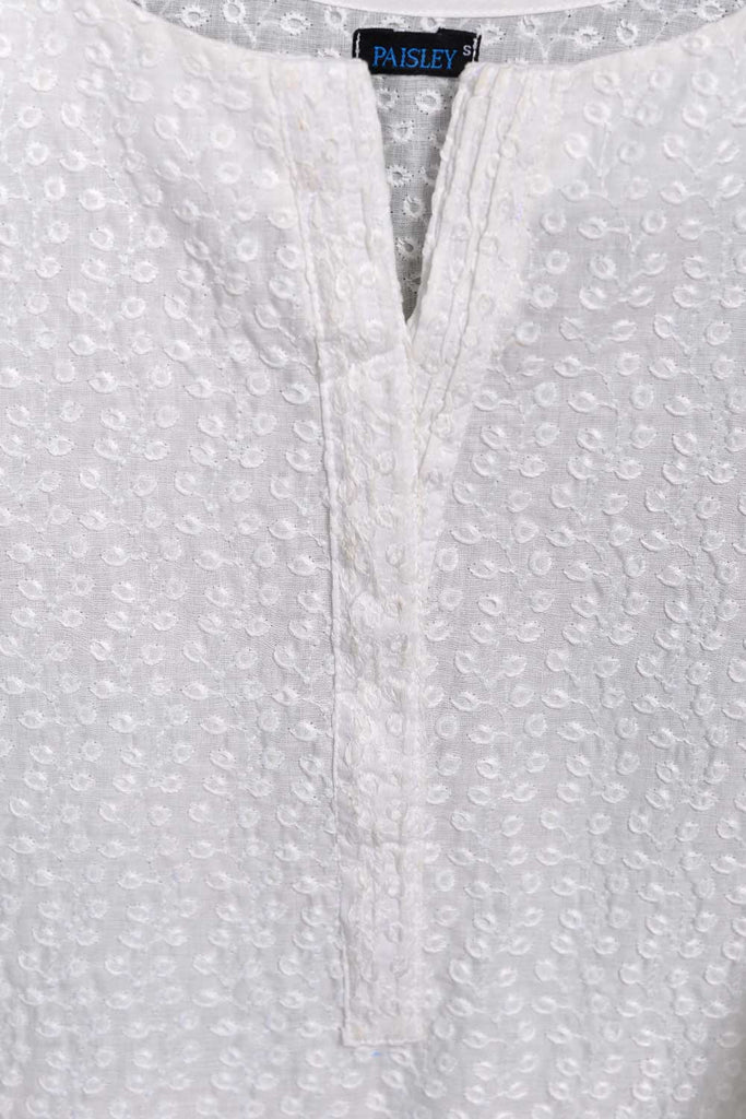 Schiffli Special Embroidered Kurti - Schiffli Leaves (SM-007-White)