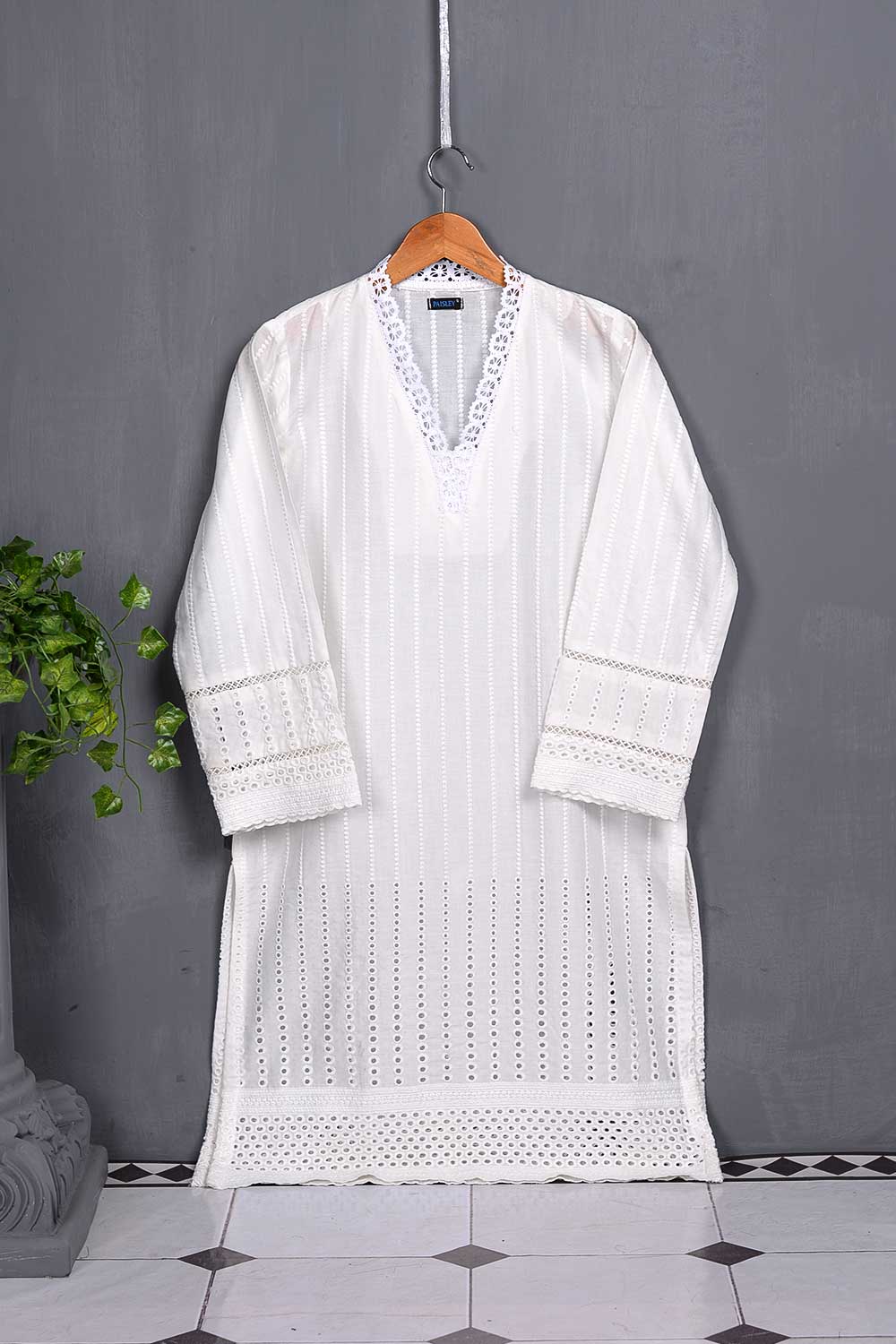 Schiffli Special Embroidered Kurti - Schiffli Spider Lines (SM-008-White)