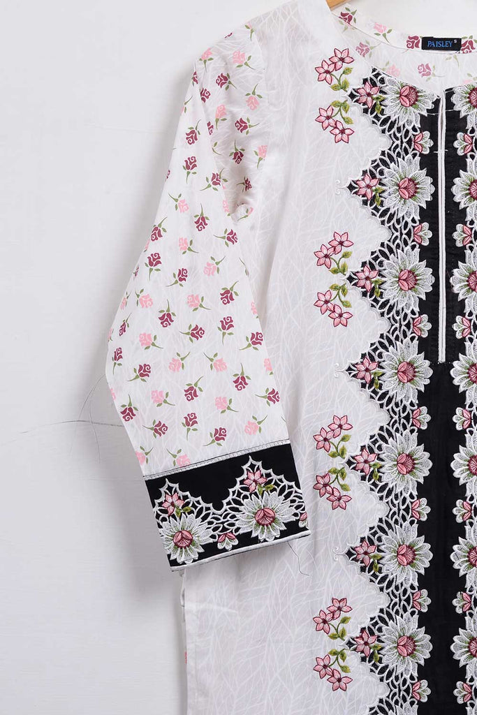 Cambric Embroidered & Printed Kurti - Shaft (P-220-19-White)