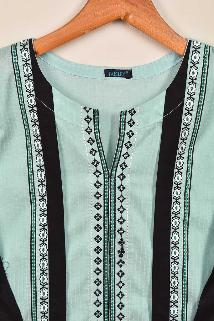 Cambric Printed & Embroidered Kurti - Side Square (P-60-21-Cyan)