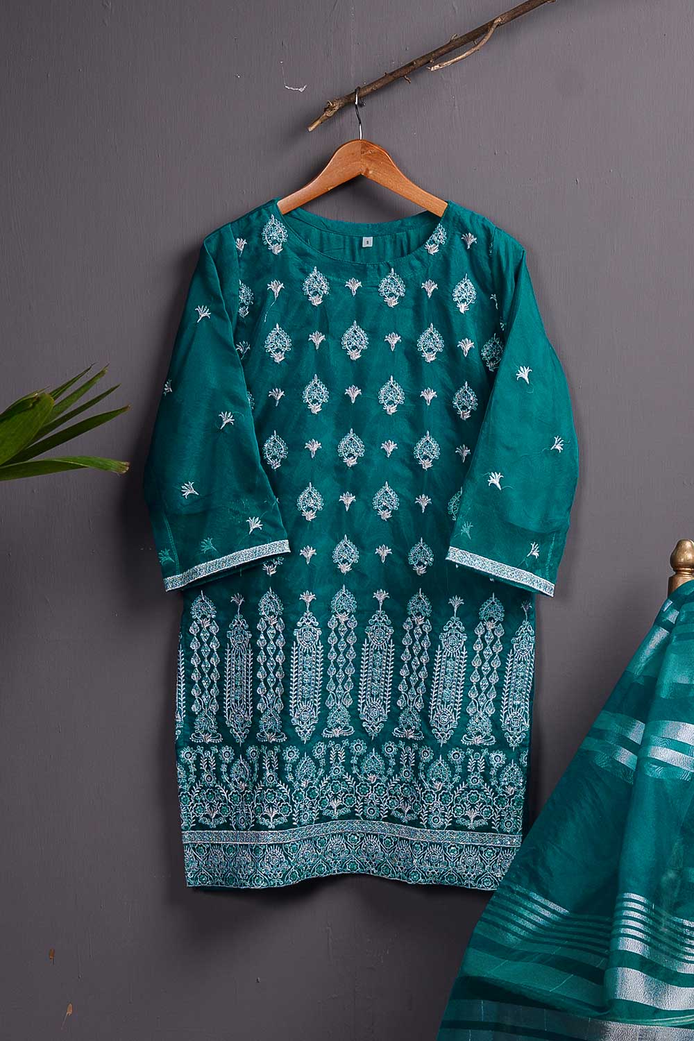 Organza Embroidered Kurti with Organza Banarsi Dupatta - Silver Storm (P-34-20-AquaGreen)