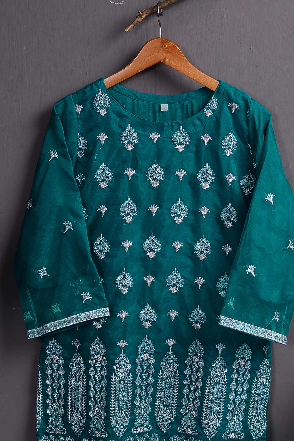 Organza Embroidered Kurti with Organza Banarsi Dupatta - Silver Storm (P-34-20-AquaGreen)