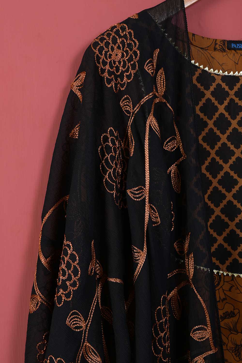 Smartel Frock (P-64-21-Light Brown) - 3Pc Cotton Printed with Gota Work With Embroidered Chiffon Dupatta With Cotton Printed Trouser