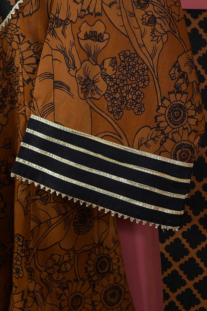 Smartel Frock (P-64-21-Light Brown) - 3Pc Cotton Printed with Gota Work With Embroidered Chiffon Dupatta With Cotton Printed Trouser