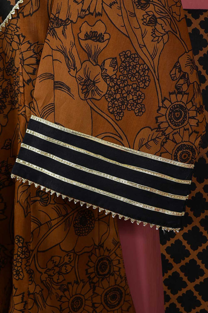 Smartel Frock (P-64-21-Light Brown) - 3Pc Cotton Printed with Gota Work With Embroidered Chiffon Dupatta With Cotton Printed Trouser