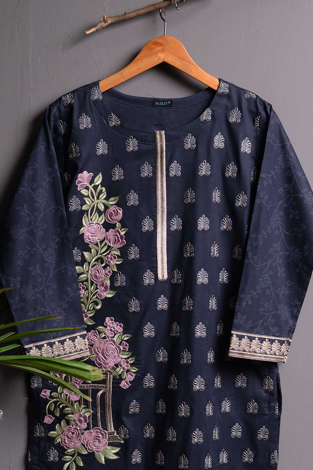 Cambric Embroidered & Printed Kurti - Solar (P-245-19-Blue)