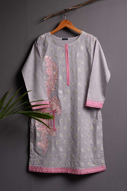 Cambric Embroidered & Printed Kurti - Solar (P-245-19-Grey)