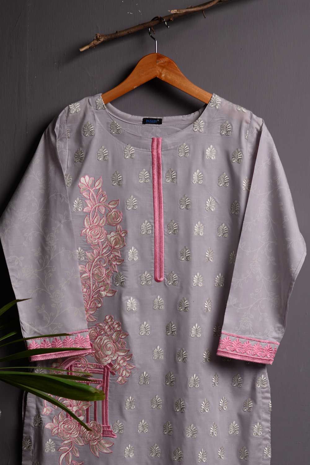 Cambric Embroidered & Printed Kurti - Solar (P-245-19-Grey)