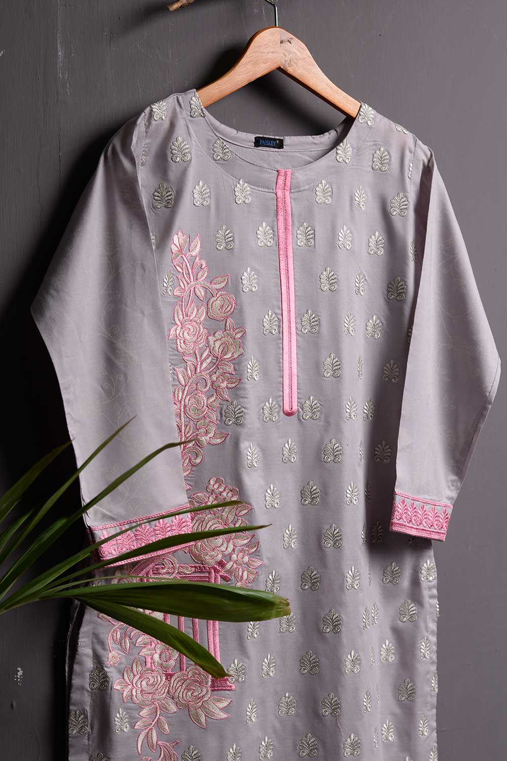 Cambric Embroidered & Printed Kurti - Solar (P-245-19-Grey)