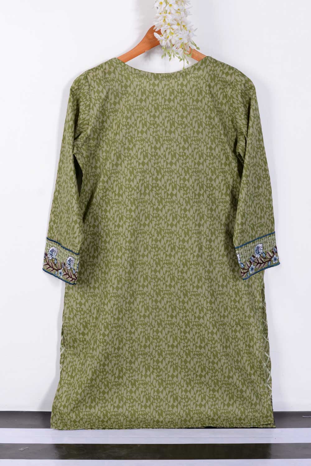 Cambric Printed and Embroidered Kurti - Subtle (P-147-19-Green)