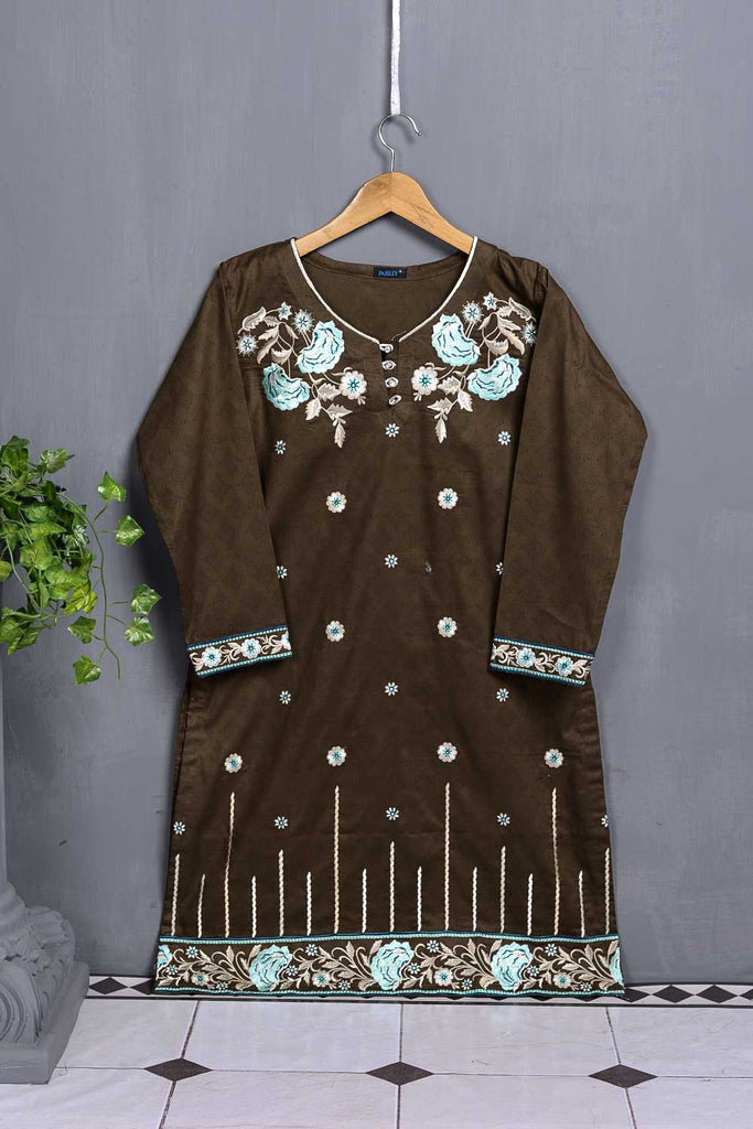 Cambric Printed & Embroidered Kurti - Sugar Candy (P-22-20-Brown)