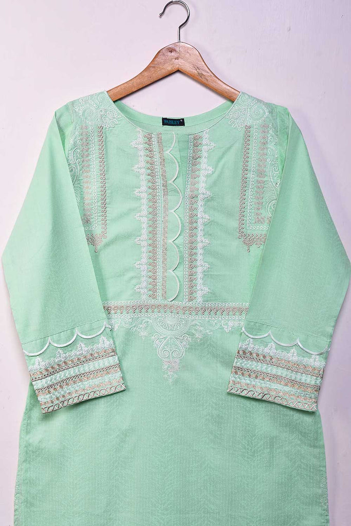 Cambric Printed & Embroidered Kurti - Top Body (P-19-21-LightGreen)