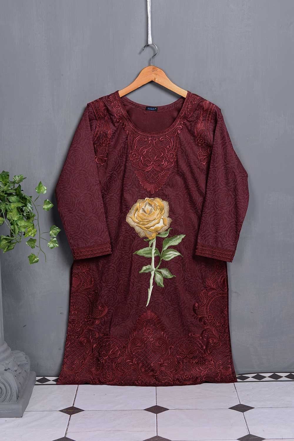 Cambric Printed & Embroidered Kurti - Tulip (P-11-20-Maroon)