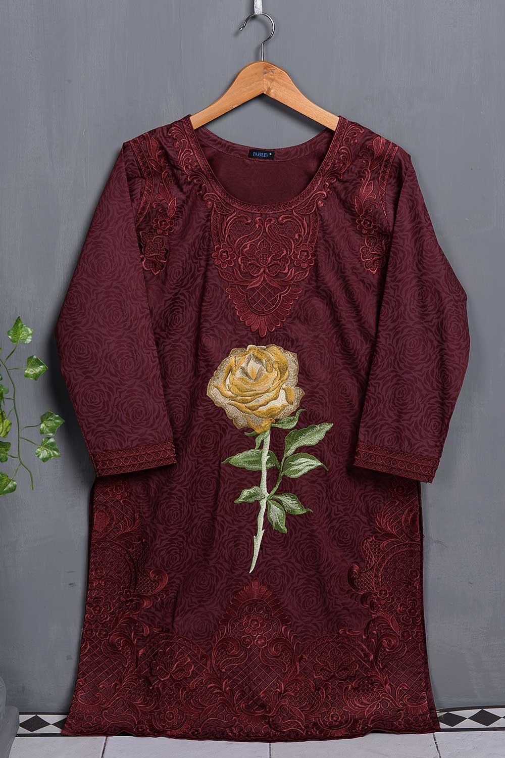 Cambric Printed & Embroidered Kurti - Tulip (P-11-20-Maroon)