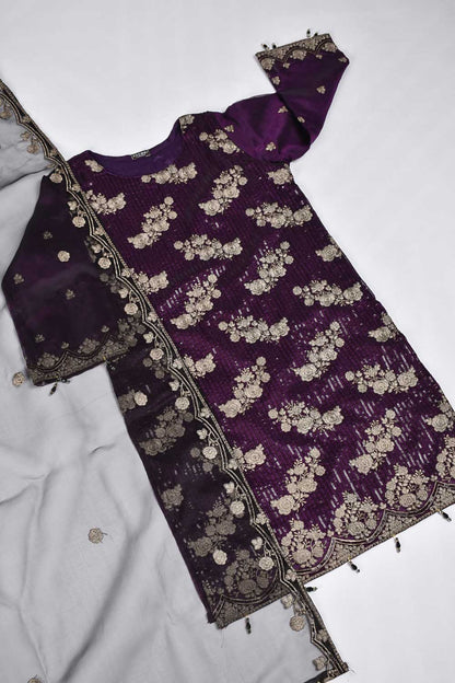 2 Pc Organza Two Tone Embroidered Stitched Kurti with Organza Embroidered Dupatta - Two Tone Organza 2Pc (K-02-P-Purple)