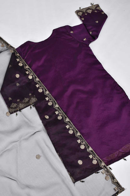 2 Pc Organza Two Tone Embroidered Stitched Kurti with Organza Embroidered Dupatta - Two Tone Organza 2Pc (K-02-P-Purple)