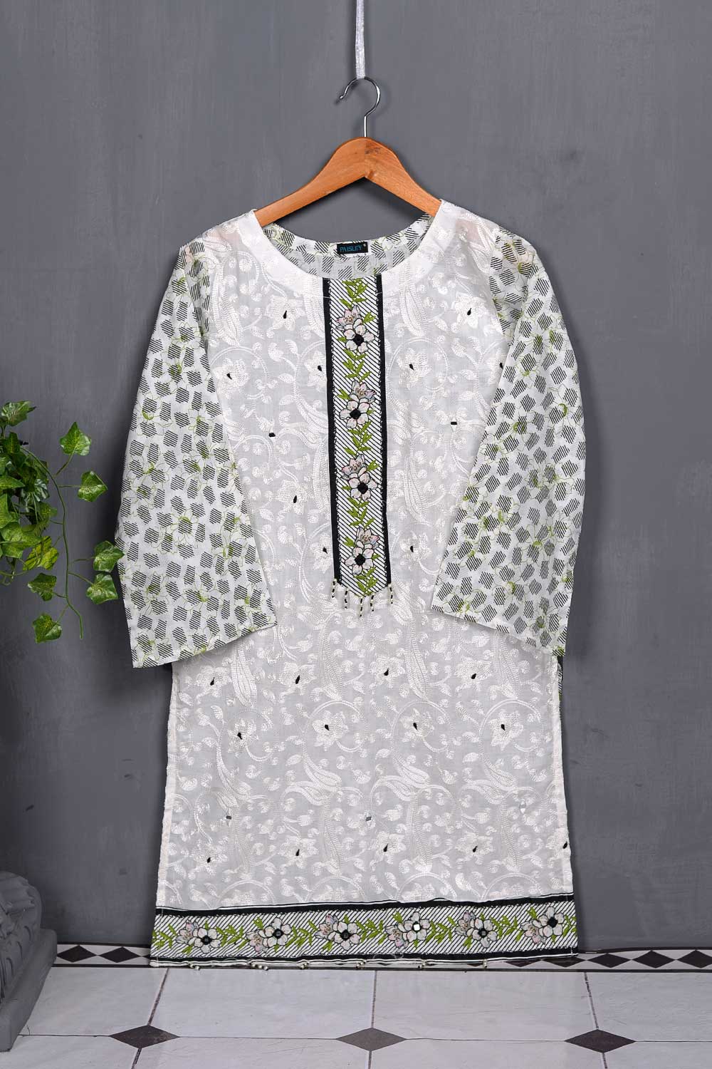 Cambric Printed & Embroidered Kurti - White Grass (P-58-20)