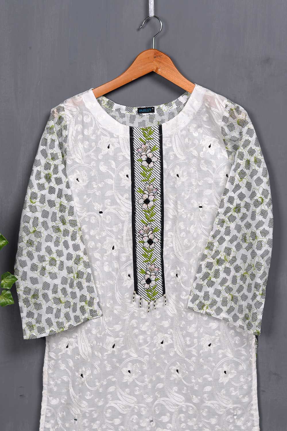 Cambric Printed & Embroidered Kurti - White Grass (P-58-20)