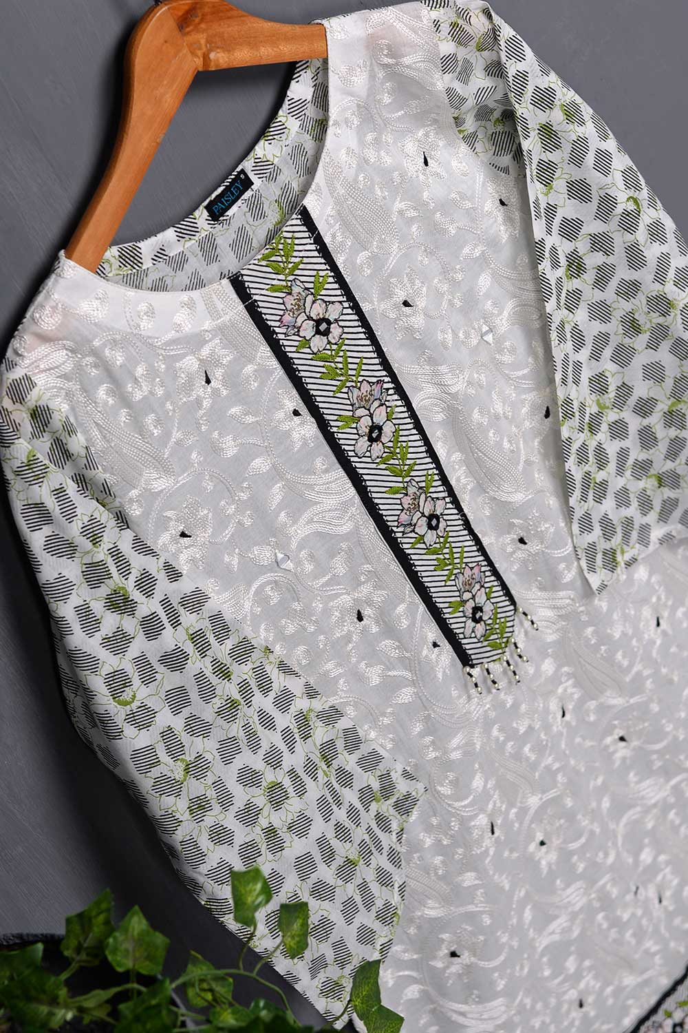 Cambric Printed & Embroidered Kurti - White Grass (P-58-20)