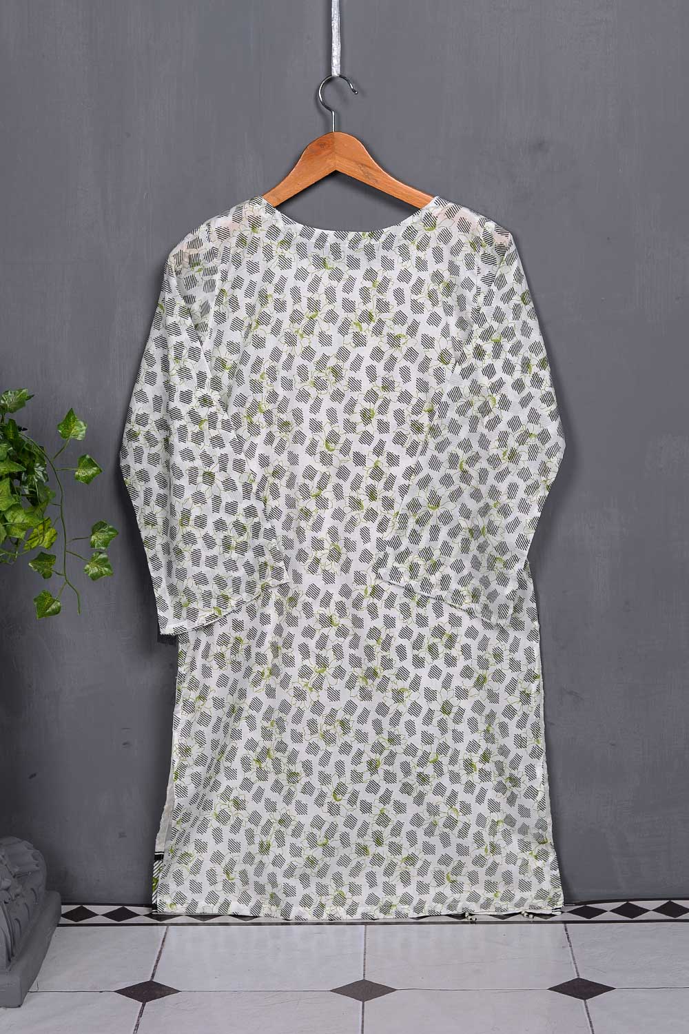 Cambric Printed & Embroidered Kurti - White Grass (P-58-20)